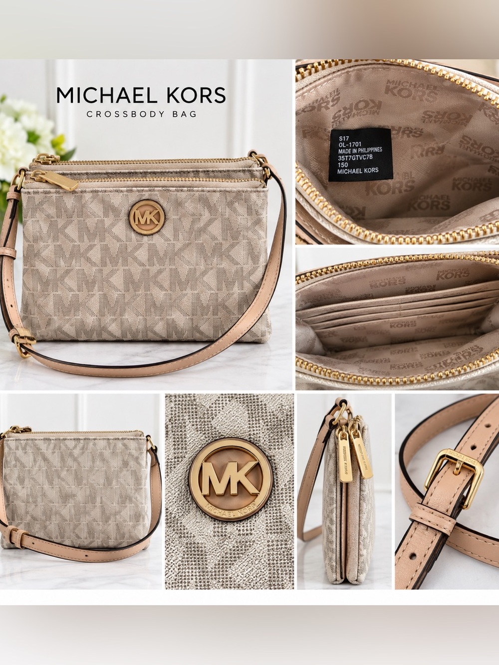 Michael Kors Signature MK Double Zip Crossbody Bag Vanilla Beige Gold Hardware